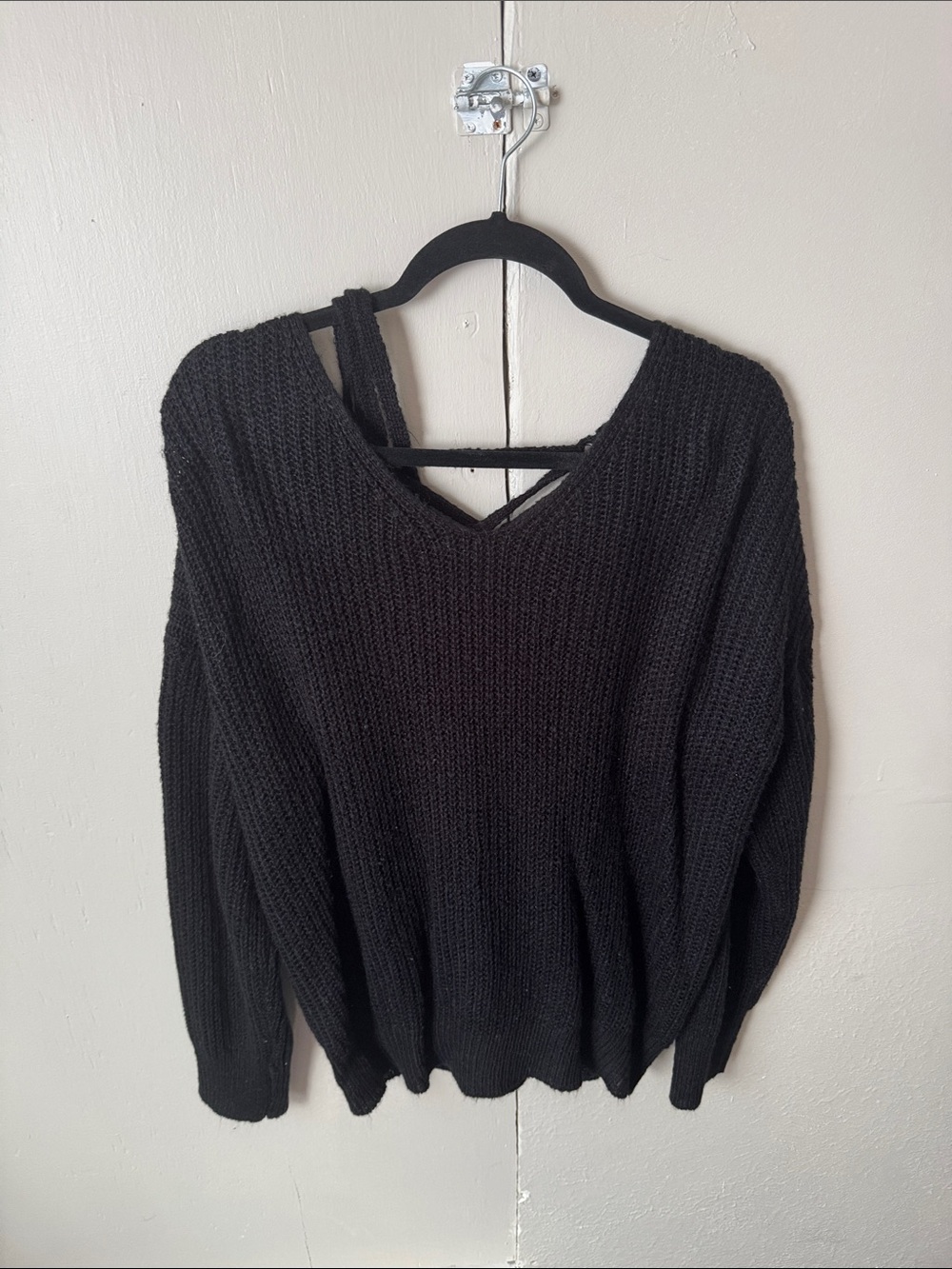 SHEIN Black V-Neck Knit Sweater with Back Strap Detail